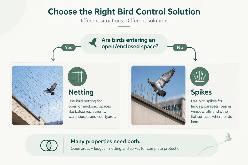 Bird Spikes vs Netting: Which Is Right for Your Balcony or Warehouse